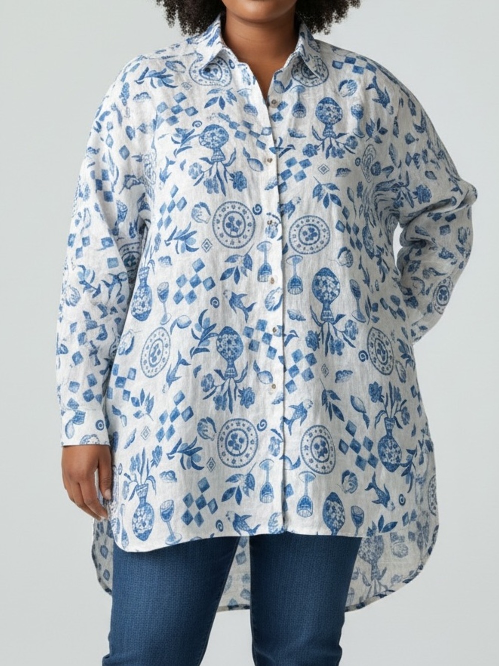 [2X]Cynthia Rowley Blue Floral Cruise Button-Front 100 Linen Shirt
